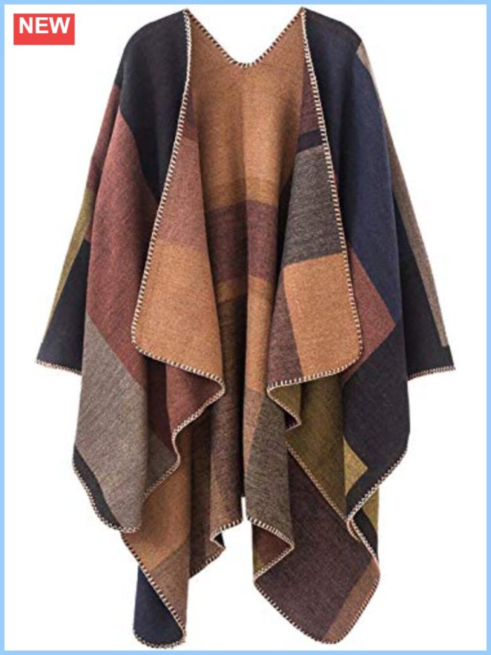 Womens Reversible Poncho Shawl Wrap Sweater Plaid Cape Fall Winter